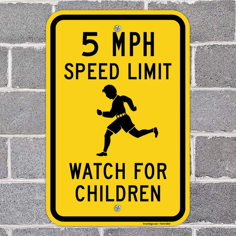 SmartSign 18 x 12 inch “5 MPH Speed Limit - Watch For Children” Metal Sign, 63 mil Laminated Rustproof Aluminum, Black and Yellow 12" x 18"
