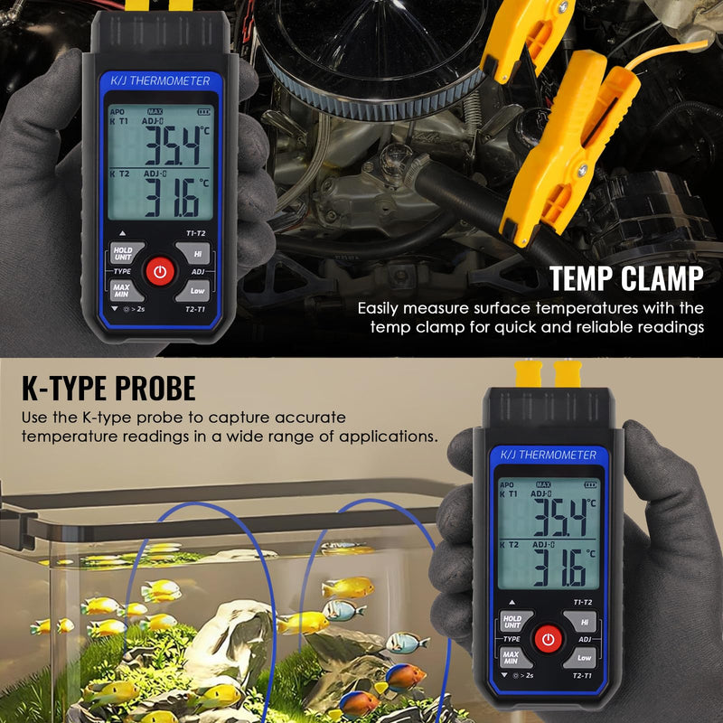 [Australia - AusPower] - Dual Channel K/J Thermometer with 4 Probes & 2 Pipe Clamps– -200°C to 1372°C° (-328°F to 2501°F) Alarm, Backlight Temperature Meter for HVAC Tools, Industrial Thermometer Dual Channels w Temp Clamp 