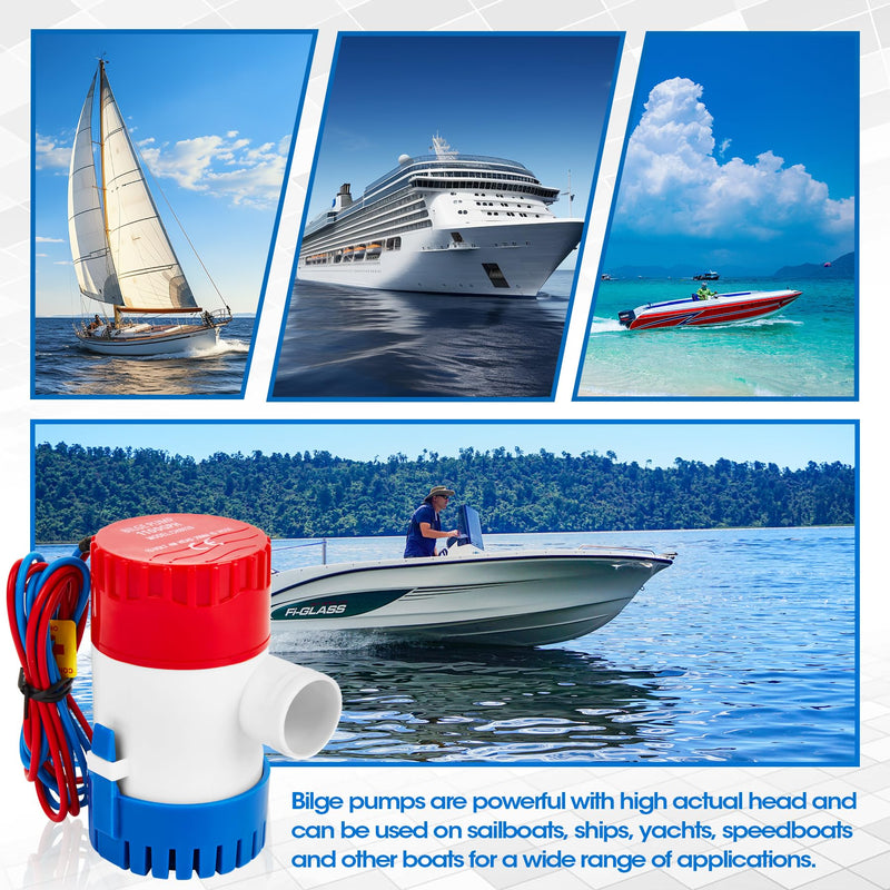 12V 1100GPH Bilge Pump Kit, 0.98 Inch, Non-automatic | 6 ft/1.8 meters Bilge Pump Hose, 2pcs Stainless Steel Clamps, Thru Hull Fitting, For Boats, Speedboats, Yachts B - 1100GPH