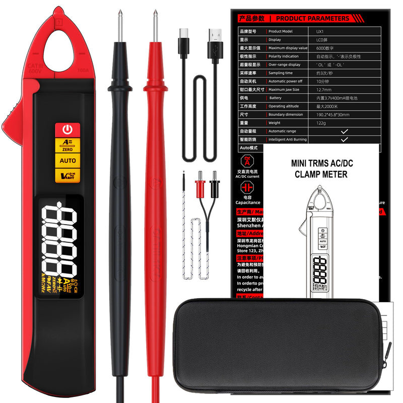 BSIDE UX1 Current Clamp DC AC 1 mA TRMS Mini Ampere Clamp Milliamps for Leak Current Car, Fully Automatic Intelligent Multimeter for Voltage Resistance Capacity Diode Temperature NCV Measuring