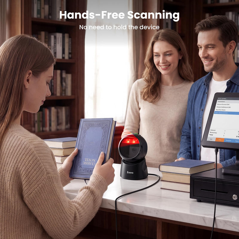 Eyoyo 2D USB Barcode Scanner, Hands-Free Desktop Automatic Omnidirectional QR Code Scanner, Wired Bar Code Reader with 1D 2D Mode Switch Button for Retail, Supermarket, Warehouse, Library, POS Systems Black