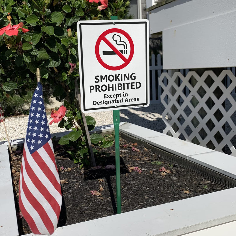 SmartSign 12 x 10 inch “Smoking Prohibited Except In Designated Areas” Yard Sign with 3 foot Stake, 40 mil Laminated Rustproof Aluminum, Red, Black and White, Set of 1