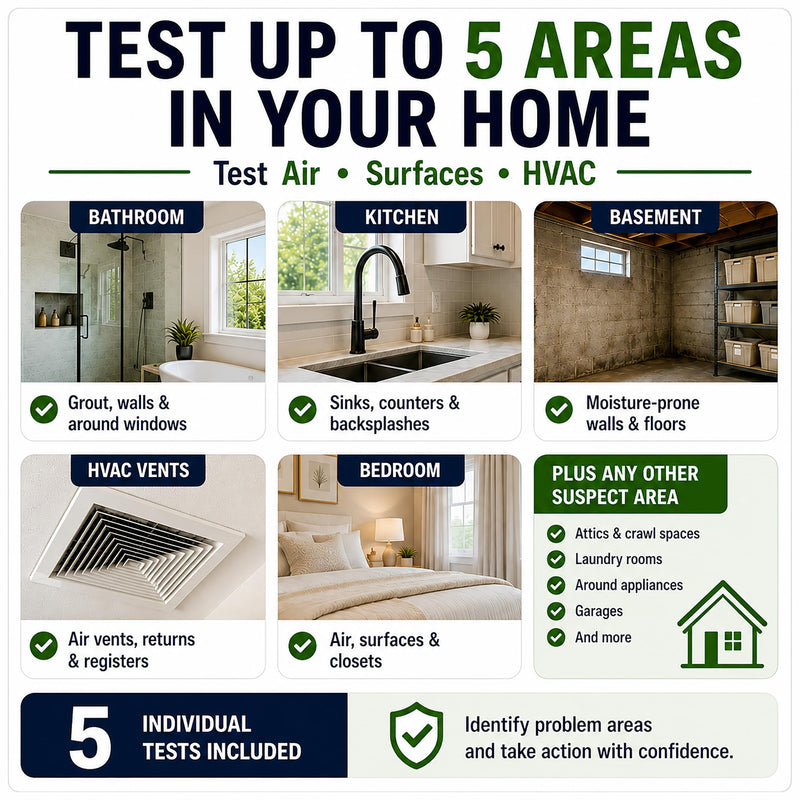 Evviva Sciences Mold Test Kit for Home - 5 Simple Detection Tests w/Optional Lab Analysis (Extra Fee), Test HVAC System, Home Surfaces, & Indoor Air Quality - Downloadable Mold Information Guide