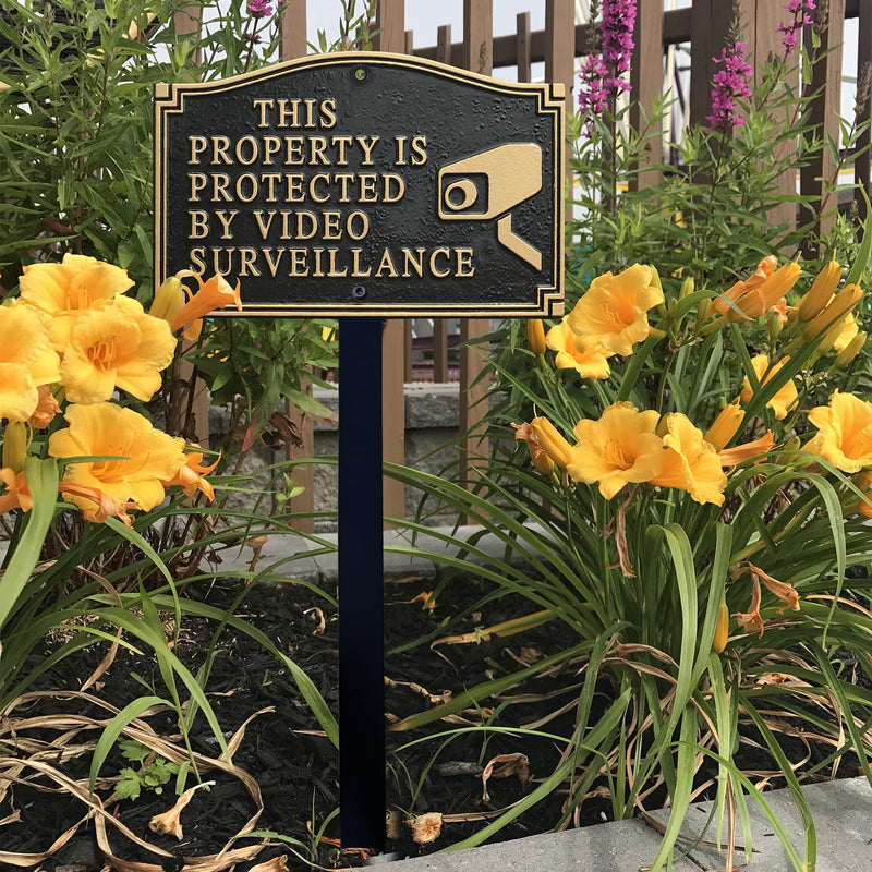 SmartSign 5.75 x 9.5 inch “This Property Is Protected By Video Surveillance” GardenBoss Statement Plaque with 18 inch Lawn Stake, 375 mil Rustproof Aluminum, Black and Gold, Set of 1, Made in USA Traditional