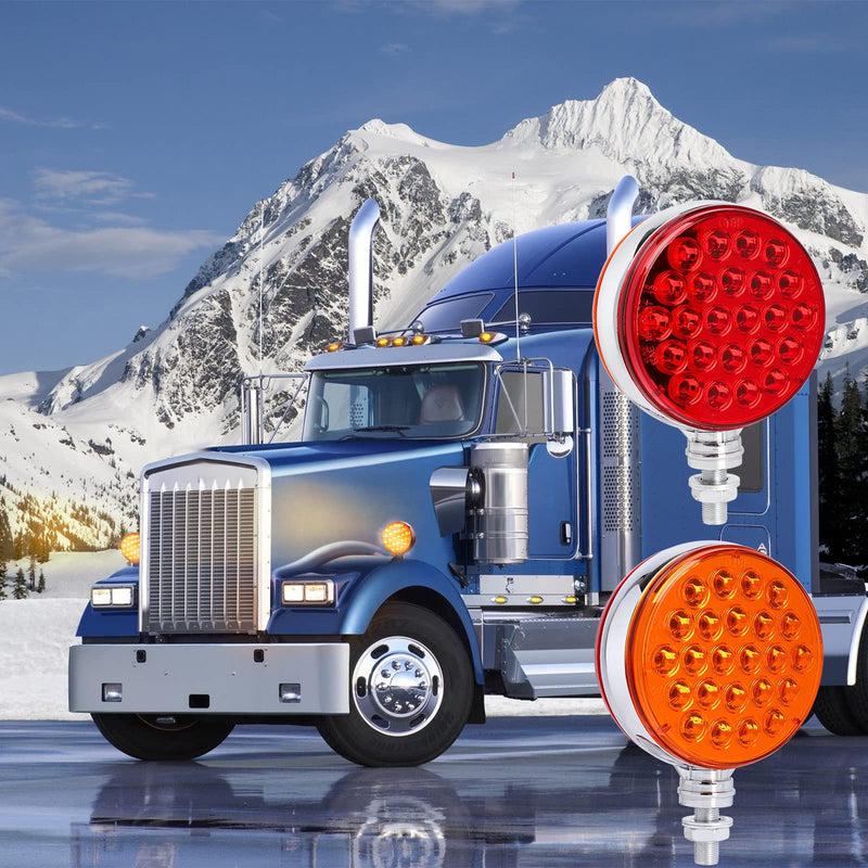 [Australia - AusPower] - 2pcs 4 Inch Amber Red Round Double-Face Pedestal Fender Light with Stud Mount, 48 LED Stop Turn Tail Signal Trailer Light for Semi Truck Peterbilt Kenworth Freightliner Towing Dual-Face Waterproof 