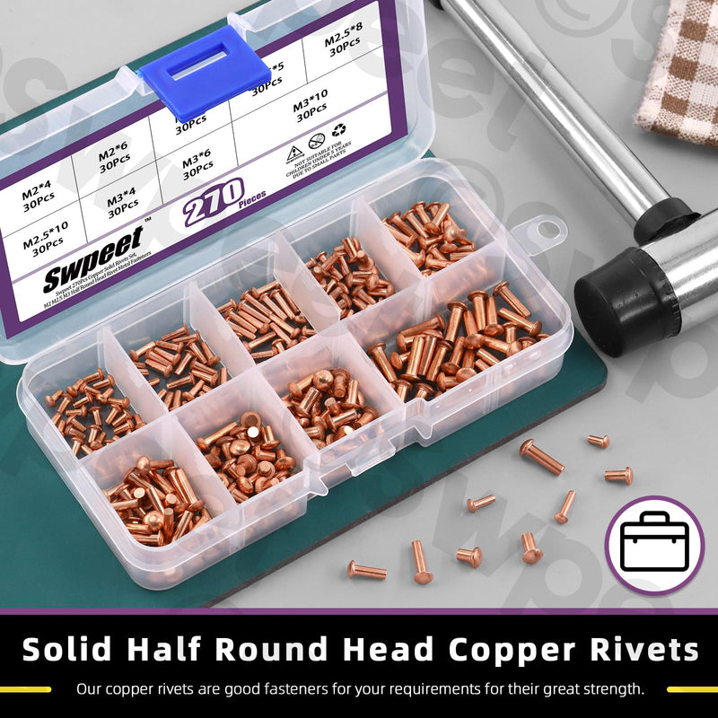 [Australia - AusPower] - Swpeet 270Pcs M2 M2.5 M3 Half Round Head Copper Solid Rivet Metal Fasteners Set, Copper Solid Rivets Rivet Fastener Ideal for Electrical Applications Belts Wallets Collars Leather DIY Craft Supplies 