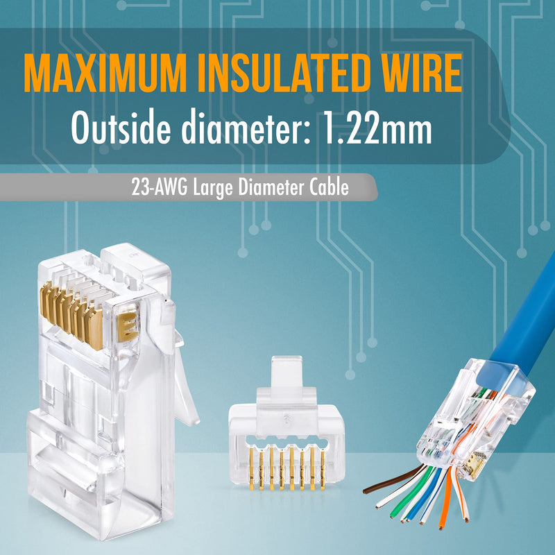 Everest Media Solutions RJ45 Cat6/6a Pass Through Connectors for a Thick 23 AWG Large Diameter UTP Network Cable, 200 Pcs | Insert Guides Included Quantity 200