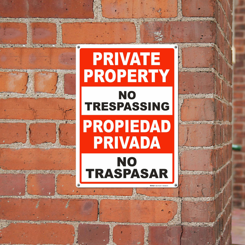 Brimar - 10" x 14" - Bilingual Private Property No Trespassing Sign - .040″ Rust-Free Aluminum - Bold Text And Symbol - Easy Installation, Red 10"x14" (Pack of 1)