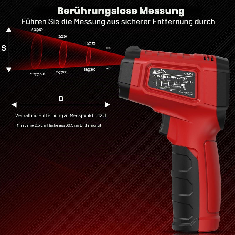 Infrared Thermometer, SQECH Temperature Meter -50℃~600℃(-58℉~1112℉) | With adjustable emissivity and colored backlight, for cooking, pizza oven, refrigerator, industrial (red) Red (-50°C ~ 600°C)