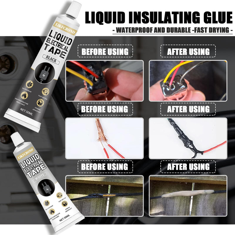 Liquid Electrical Tape Set, 100ml Liquid Rubber, Waterproof Insulating Wire Glue for Cables, Plugs, Equipment, 2 Count (Black and White) Black and White