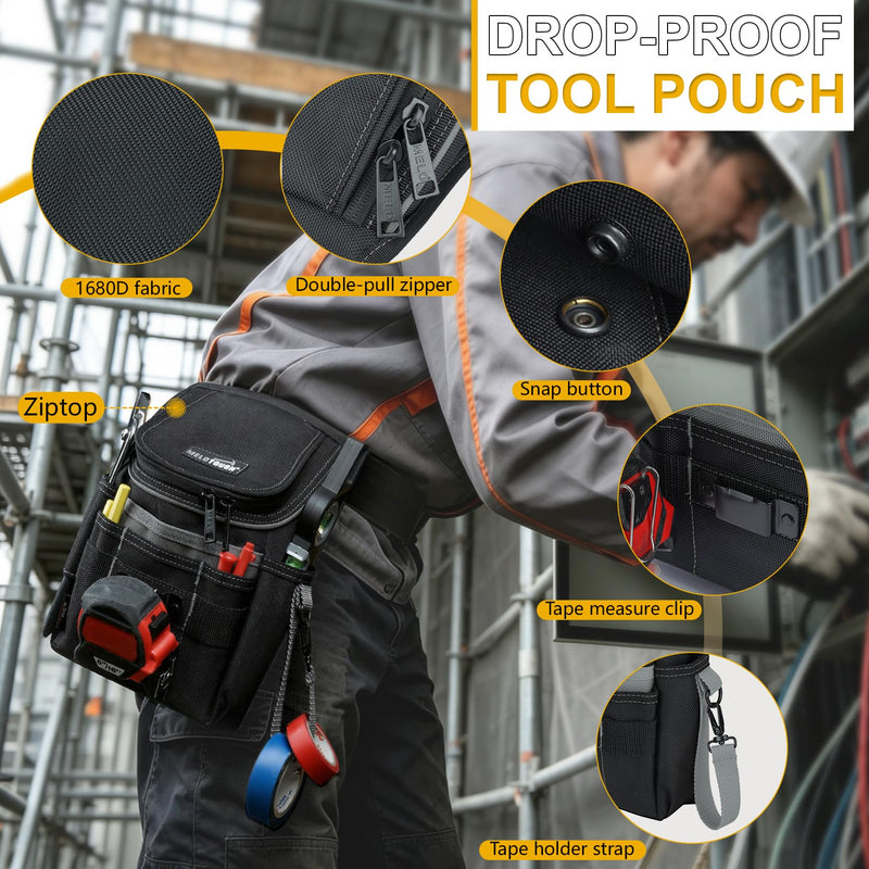 MELOTOUGH Medium Ziptop Tool Pouch with Belt Clip,16-Pocket Heavy Duty Zippered Utility Pouch for Electricians | Tape Measure Clip & Electrical Tape Strap for Carpenters, Plumbers, HVAC Grey Pouch + Belt