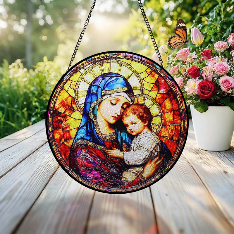 8” Round Stained Glass Suncatcher for Windows Hanging - Virgin Mary & Baby Jesus Design | Sun Catchers Indoor Window Decor & Christian & Catholic Wall Art, Religious Gift for Mother/Mom