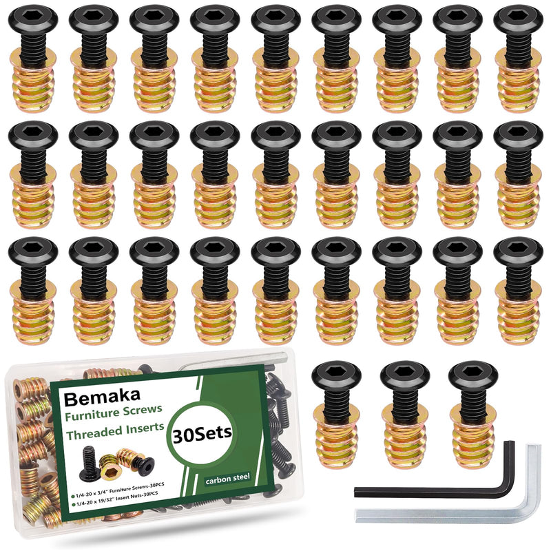 [Australia - AusPower] - 30 Sets 1/4-20 x 3/4" Furniture Screw Threaded Wood Inserts, Screw-in Nuts 1/4-20 x 19/32" Furniture Bolts Fastener Connector + 202Pcs Hitch Pins Clip Pins Assortment Kit 
