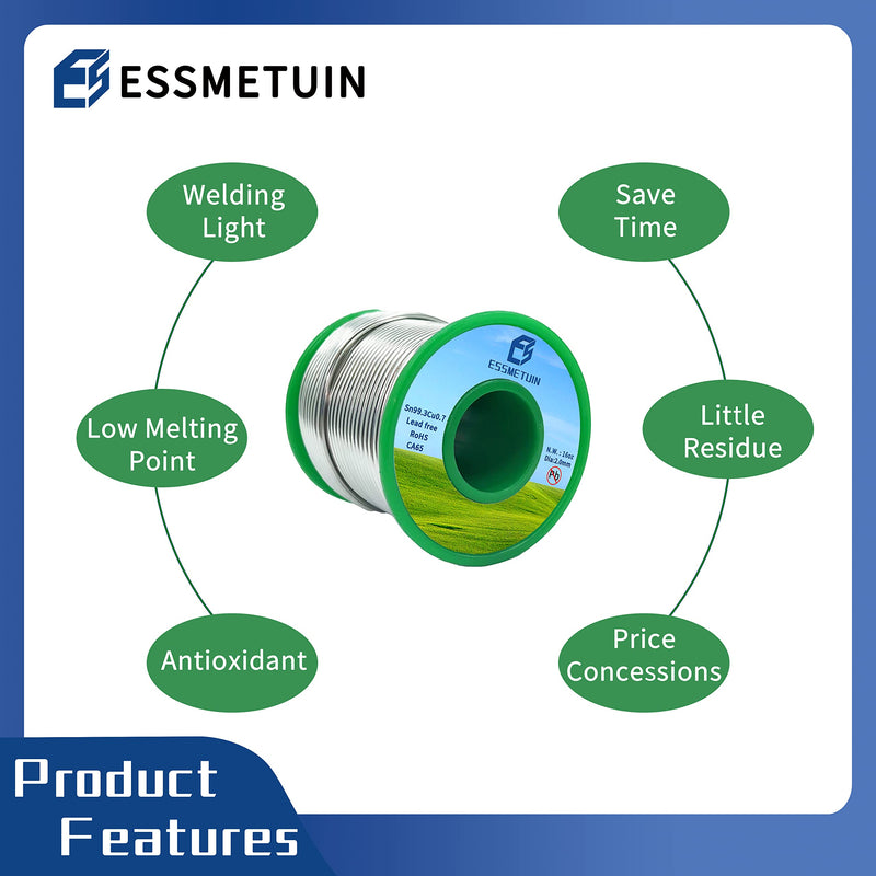 Essmetuin Lead-Free Solder Wire(Sn99.3Cu0.7) For Plumbing Solder/Stained Glass/Crafts/Jewelry 217℃ Melting Point 2.0MM No Flux,ROHS(16oz) 16.0 ounces