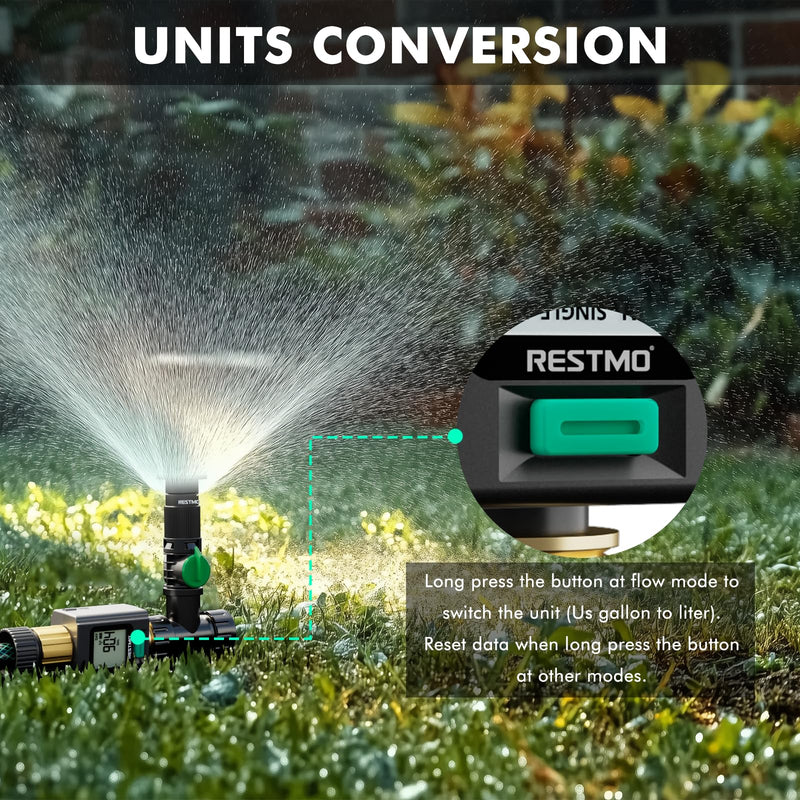 [Australia - AusPower] - RESTMO Smart Water Flow Meter with Screen Backlight, Brass Inlet & Outlet, Measuring Gallon/Liter Consumption & Flow Rate for Garden Watering, RV Filling, Sprinklers & Nozzle - APP Control Bluetooth Connection 