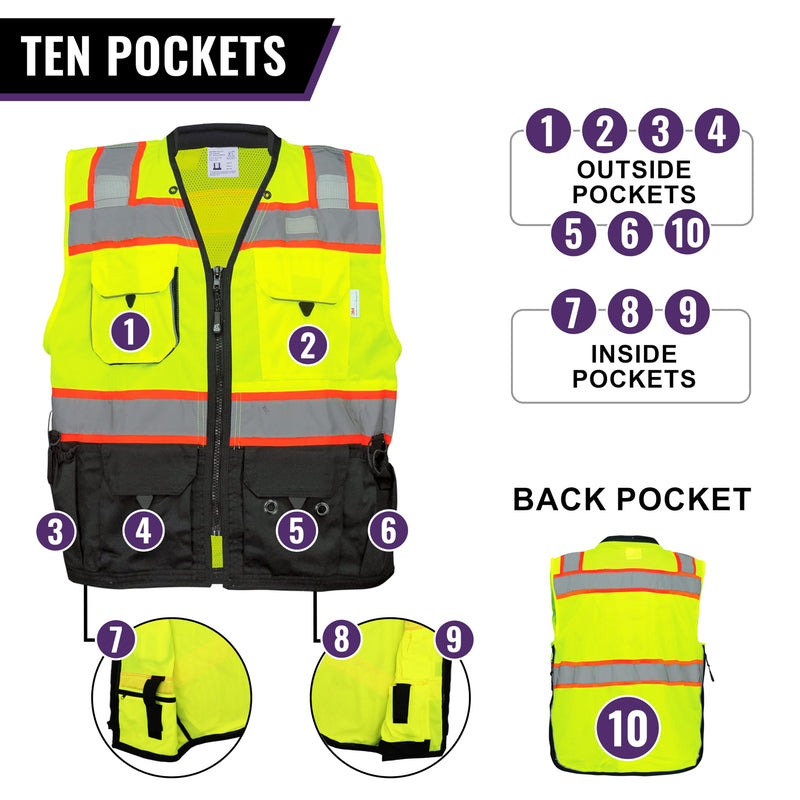 GGS High Visibility Safety Vest - Lightweight Yet Durable, Reflective Tape, 9 Pockets - Construction, Transportation, Running/Biking, Hunting, Yellow/Green & Black, XL X-Large