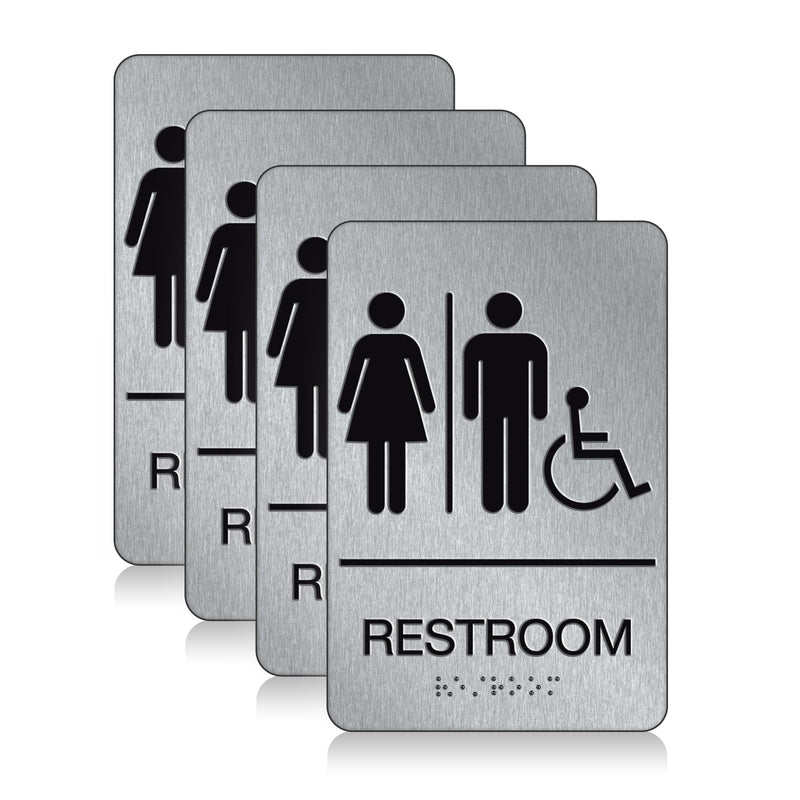 ADA Braille Unisex Handicap Restroom Signs for Business with Double Sided 3M Tape (Pack of 4) - Aluminum Handicap Unisex Bathroom Sign 9” x 6” for Offices and Restaurants Unisex Handicap Aluminum Pack of 4