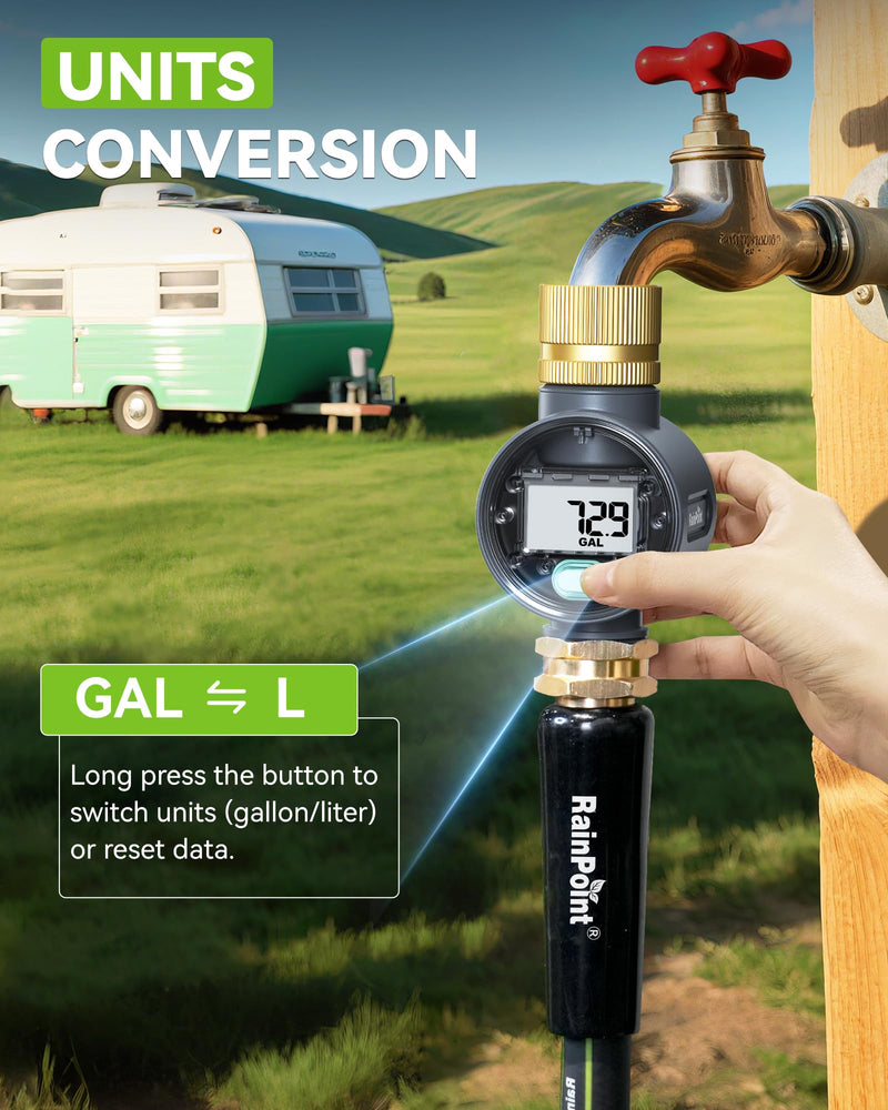 [Australia - AusPower] - RAINPOINT Water Flow Meter with Brass Inlet, Water Meter for RV Tank Filling, Garden Hose Watering, Lawn Sprinkler & Nozzle Sprayer, ±5% Accuracy, Max Measured Consumption of 9999.9 Gallon/Liter 