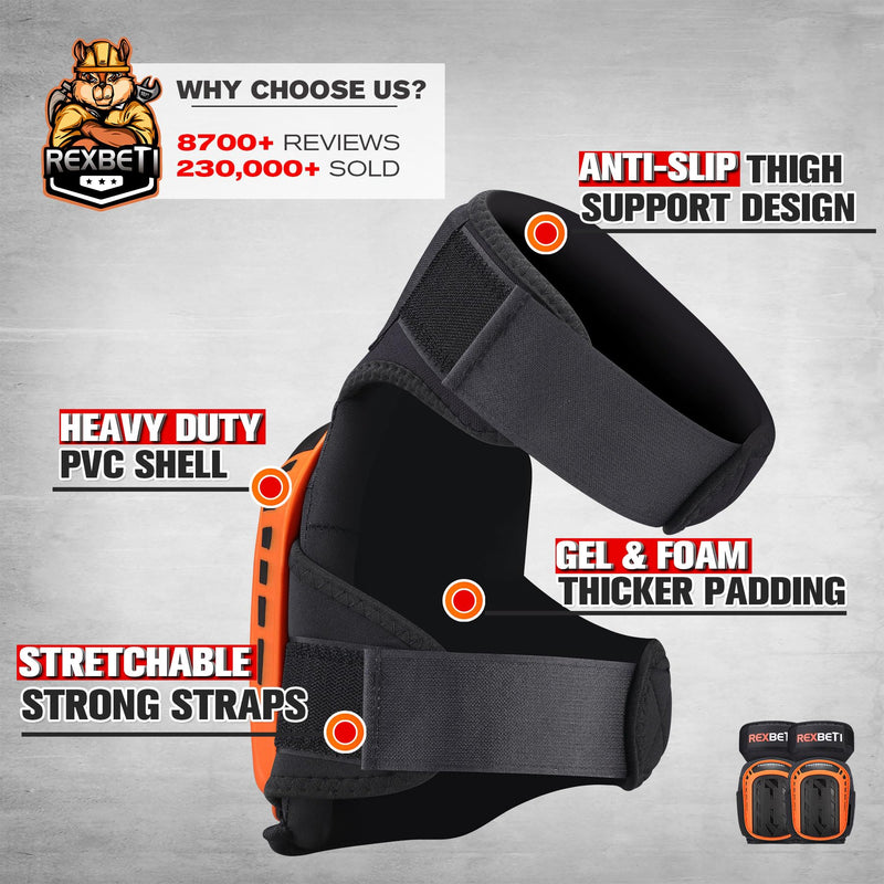 REXBETI Knee Pads for Work, Construction Knee Pads for Men, Heavy Duty Comfortable Anti-slip Foam Gel Knee Pads for Gardening Flooring and Cleaning, Strong Stretchable Straps, Orange Original