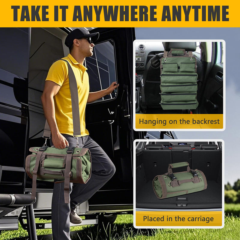 Roll Up Tool Bag, Heavy Duty Tool Organizer with 2 Detachable Zipper Pouches, Compact Durable Tool Storage for Men Women, Perfect for Handyman, RV Owners, Dad Birthday or Father’s Day Gifts