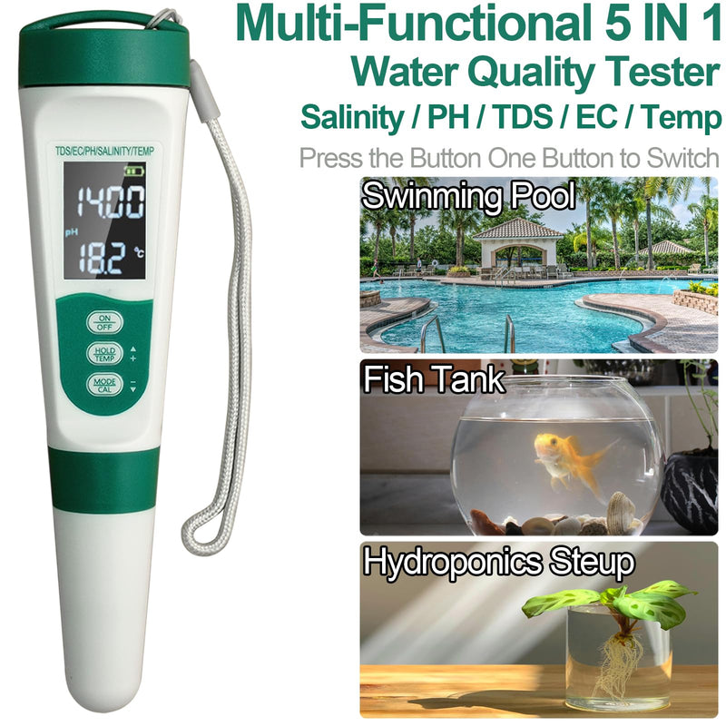 [Australia - AusPower] - Display PH Meter Watter Tester 5 in 1, Functions: PH,TDS,EC,Salt,Temp, IPX5 Waterproof, High Accuracy With 3 Calibration Powders, for Saltwater Pool, Hot Tubs, SPAs, Aquarium, Hydroponics System 