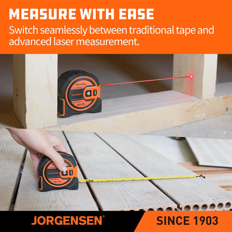 JORGENSEN Laser Tape Measure 2-in-1, 135Ft Laser Measuring Tool & 16Ft Measuring Tape with Movable Magnetic Hook, Laser Measure for Pythagorean, Area, Volume, Unit Ft/Ft+in/in/M NOT Digital