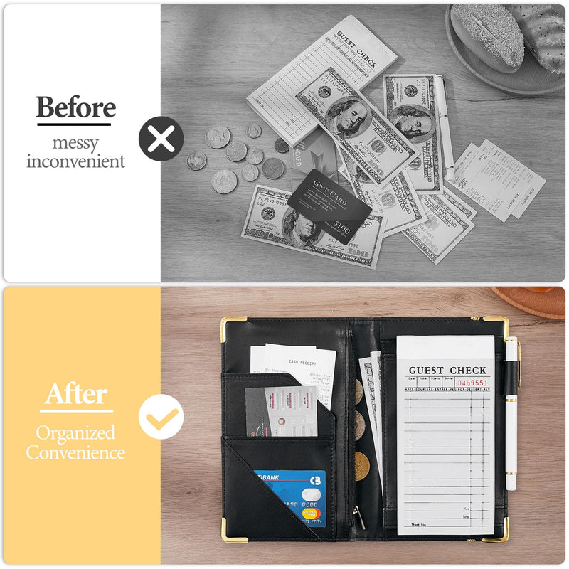 [Australia - AusPower] - Server Book, PU Leather Server Books for Waitress with Zipper Pockets, Waitress Book with Pen Holder Fit Server Apron Check Presenters for Restaurants Black 