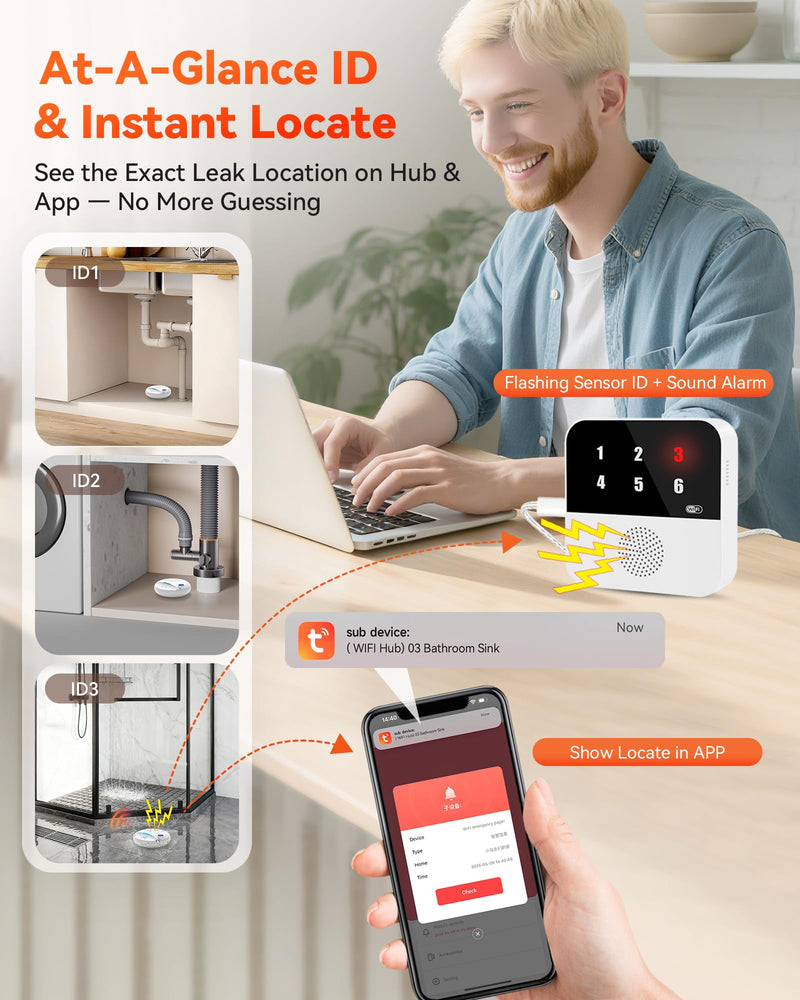[Australia - AusPower] - PILSAMAS WIFI Water Leak Detector 4-Pack (Siren) + Samrt Hub with Number Display to Pinpoint Leaks, Multi-Point Alarm, APP Aler, IP67 Wireless Water Sensor & Drip Alarm for Home, Basement, Bathroom 