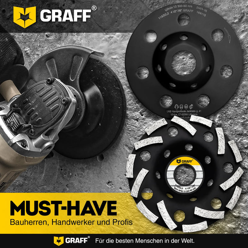 [Australia - AusPower] - GRAFF Diamond Grinding Disc 115 mm for Angle Grinders - Diamond Cup Wheel for Stone, Concrete, Tile Adhesive, Granite, Masonry - Extra Speed Sanding Disc Diameter 115 mm - extra speed grinding wheel 