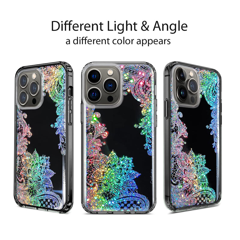 [Australia - AusPower] - Coolwee Anti Yellowing Clear Glitter for Apple iPhone 15 Pro Max Case Floral, 6.7 inch, 6.6ft Military Grade Protective Cute Mandala Crystal Bling Lace Slim TPU with Camera & Screen Protector Clear Glitter Lace 