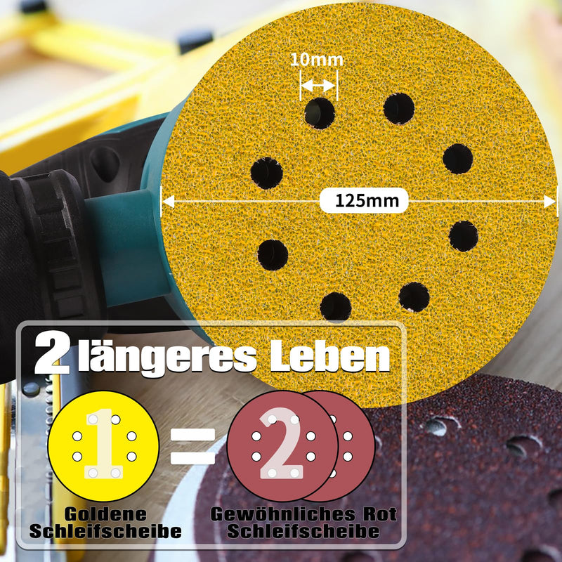 Sanding Discs 125 mm Random Orbital Sandpaper Sandpaper 8 Holes Round Sanding Sheets (with Grain P60 P80 P120 P180 P240 x20) Professional for Wood Metal Rust Removal and Color Pack of 100 High-quality alumina Mixed (P60-P240) pack of 100