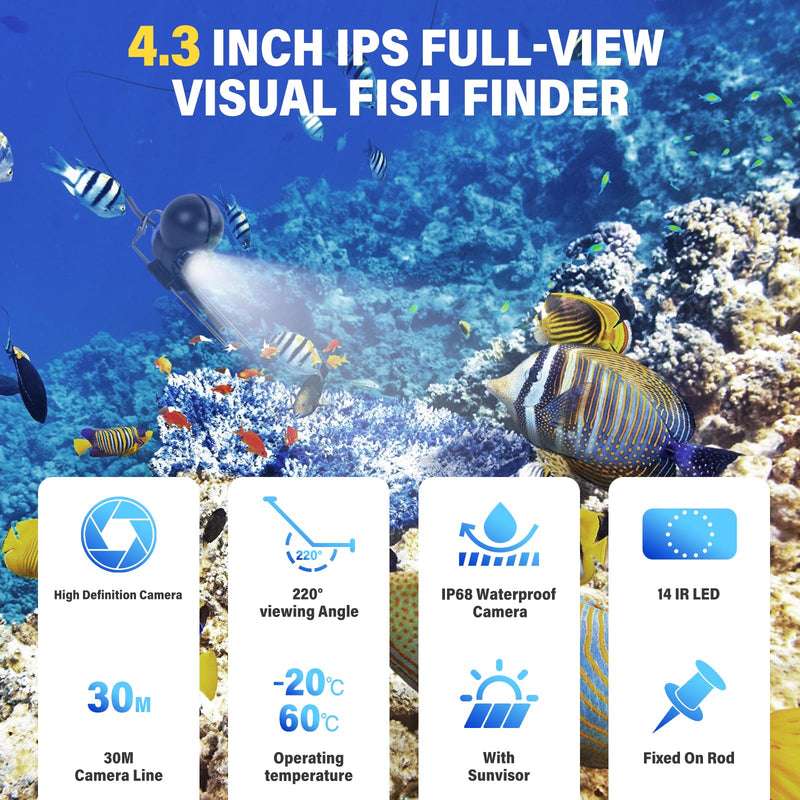 Underwater Fishing Camera, Fish Finder, Infrared Night Vision, Wide Angle, IP65 Waterproof, with 4.3 Inch IPS Display, for Ice, River and Boat (4.3 inch) Blue 4.3 inch