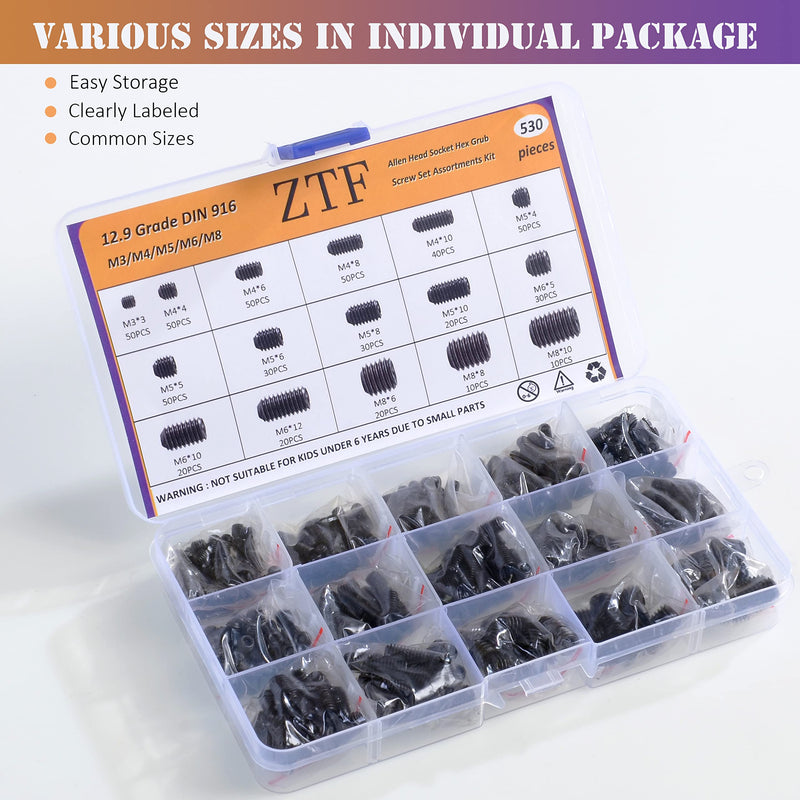 [Australia - AusPower] - 530Pcs Metric Set Screw Assortment Kit, M3/4/5/6/8 Grub Screws Internal Hex Drive Set Screws for Bathroom Fixtures, Door Handles knobs, Towel Rack Screws Replacement, 12.9 Grade Alloy Steel 
