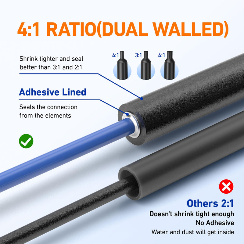 [Australia - AusPower] - TKDMR 446 Pcs Heat Shrink Tubing Kit - 4:1 Ratio Adhesive Lined, Marine Grade Shrink Wrap - Industrial Heat Shrink Tubing,Black 1.75" Length 