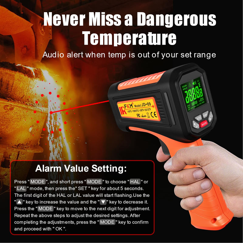 50:1-58°F ~3272°F FKM Infrared Thermometer High Temperature Gun,Non Contact Digital IR Temp Gun,High Precision Laser Thermometer Gun for Cooking,Kilns,Forges,Engine,HVAC,Industrial and Home Repair Orange
