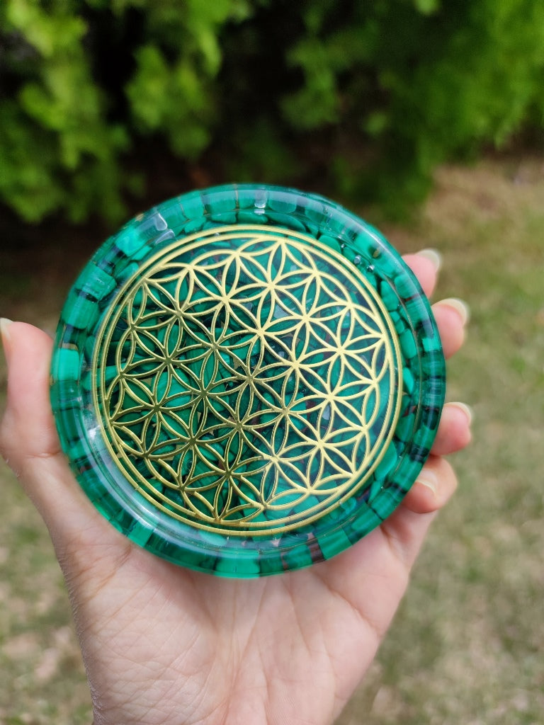 LARGE 4" Malachite Crystals Flower Of Life Coaster Water Charging Plate Energy Dome