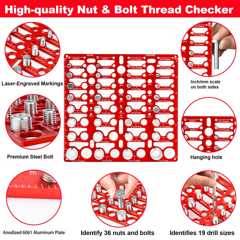 [Australia - AusPower] - 36 Nut and Bolt Thread Checker, Bolt Size Finder with 19 Drill Gauges, 16 Metric and 20 Standard Sizes, Wall-Mountable Bolt Size and Thread Gauge for Quick Identification 16 Metric & 20 Standard Thread & 19 Drill Gauges 
