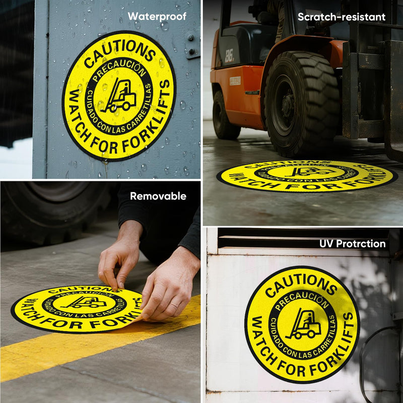 Caution Watch for Forklift Floor Sign – 5 Pack 16 Inch Round Vinyl Decals, Bilingual English/Spanish, Anti-Slip, Removable, Waterproof, UV Protected, High Visibility Safety Sticker for Warehouse, Work Site, Office, Factory