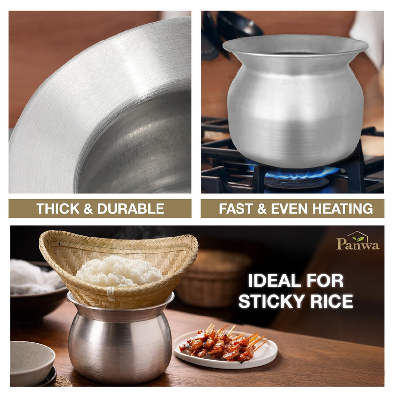 Sticky Rice Aluminum Cook Pot from Thailand - Genuine Replacement Pot for Traditional Steamer Crock, Family Size 8.67 Inch Standard Diameter (22 cm) Traditional Aluminum Pot