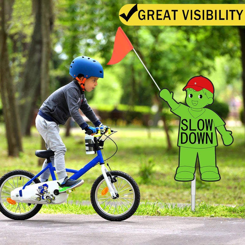 Copkim 2 Set Metal Slow Down Kids at Play Sign with Stake Safety Flag Double Sided Weatherproof Children at Play Safety Street Sign 38" Tall for Neighborhoods Community Outdoor Yard(Boy Style,Green) Green Boy Style
