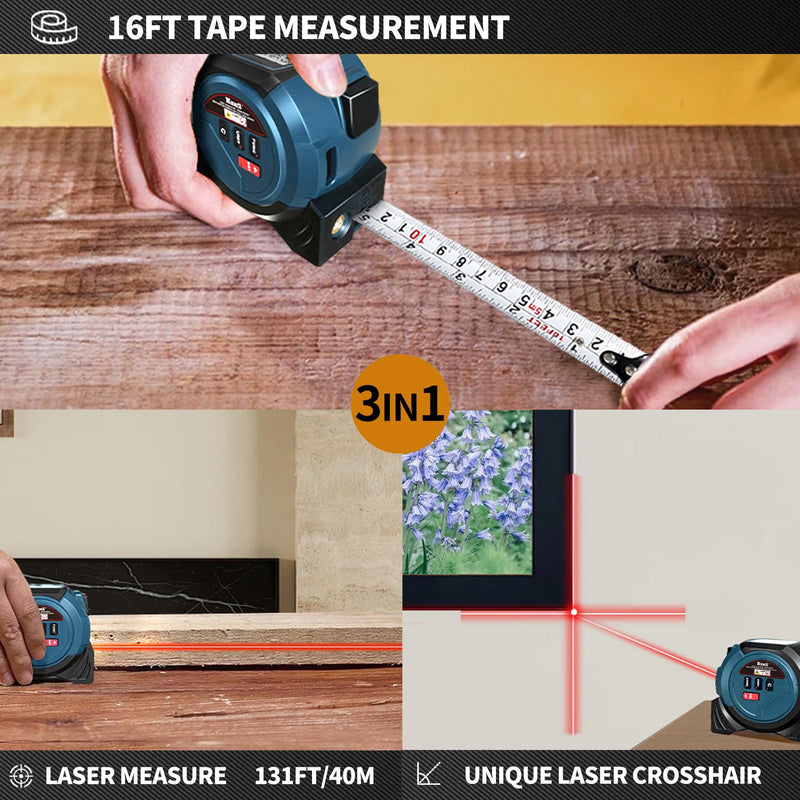 Laser Tape Measure 3 in 1 Laser Rangefinder Tape Measure with AutoLock | 131ft Laser Measuring Tape & 16ft Tape Measure for Pythagorean, Area, Volum, Multi-Unit Conversion (Ft/Ft+in/in), Yellow