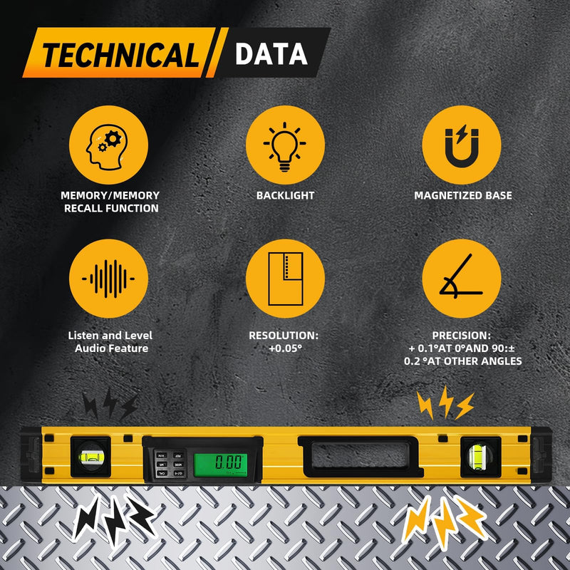 [Australia - AusPower] - 24 Inch Smart Digital Level, LCD Screen Magnetic Electronic Level Tool with Batteries & Case, IP54 Dust and Waterproof Digital Torpedo Level & Protractor, 24" Precision Slope Leveler Measurement Tool 