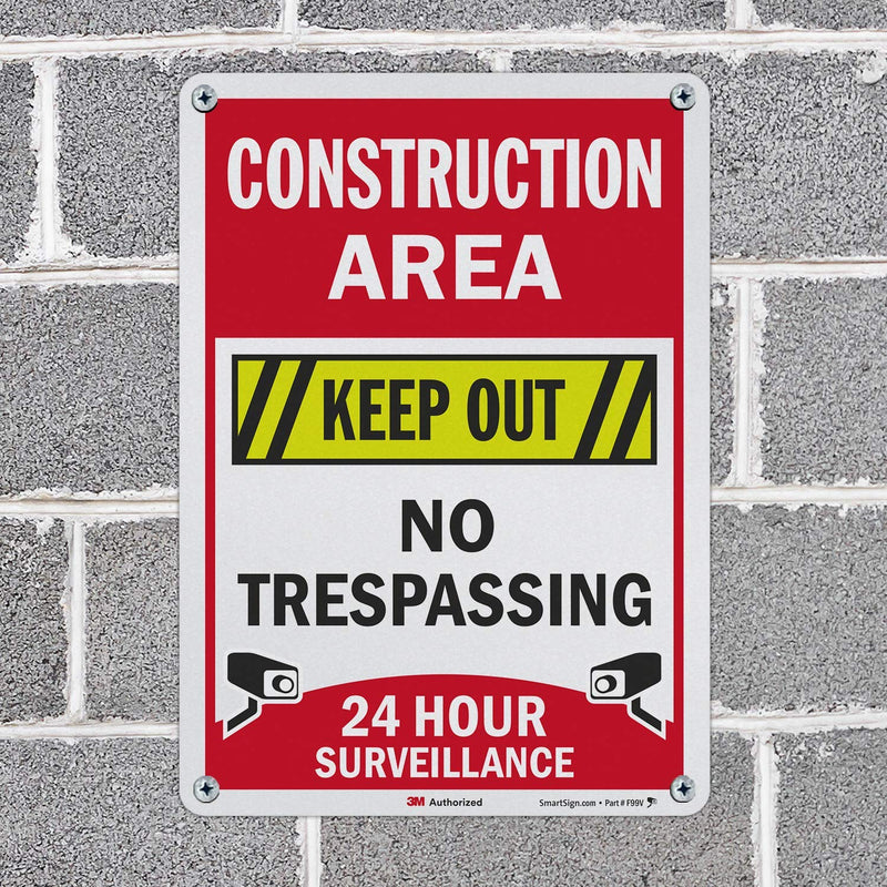 SmartSign “Construction Area - Keep Out, No Trespassing, 24 Hour Surveillance” Sign | 10" x 14" 3M Engineer Grade Reflective Aluminum, Made in USA 10" x 14"