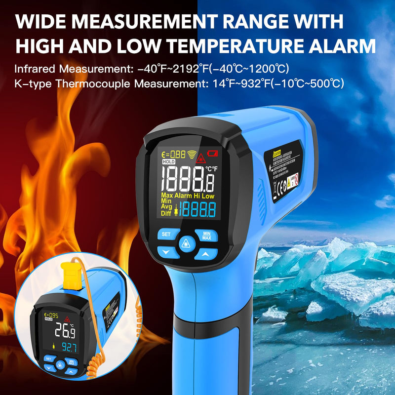 [Australia - AusPower] - Infrared Thermometer Temperature Gun, -40℉ to 2192℉ Dual Laser High Temp Thermometer with LCD Color Display, Non-Contact Industrial Pyrometer 50:1 Distance Ratio, Adjustable Emissivity Blue (-40℉~2192℉) 