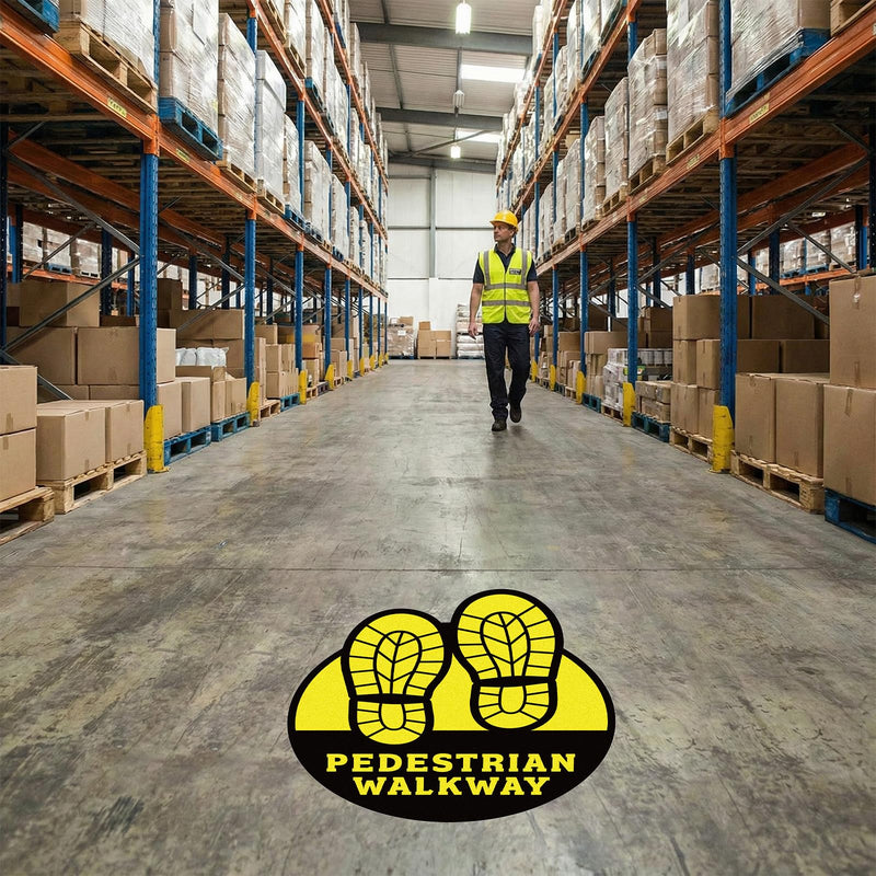 5 Pack Pedestrian Walkway Floor Sticker Sign - 9 x 10.5 Inches Pedestrian Floor Label Footprints Sticker Anti-slip Self-adhesive Vinyl Decal for Industrial Businesses Commercial