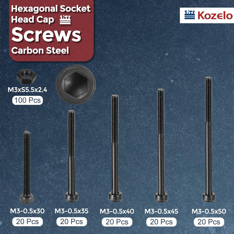 [Australia - AusPower] - 200pcs M3 Socket Head Cap Screws Bolts Nuts Assortment Kit - [M3x30/35/40/45/50mm] Alloy Steel Fully Threaded Black Oxide 12.9 Internal Hex Screw for 3D Printer Use M3x30/35/40/45/50mm 200 