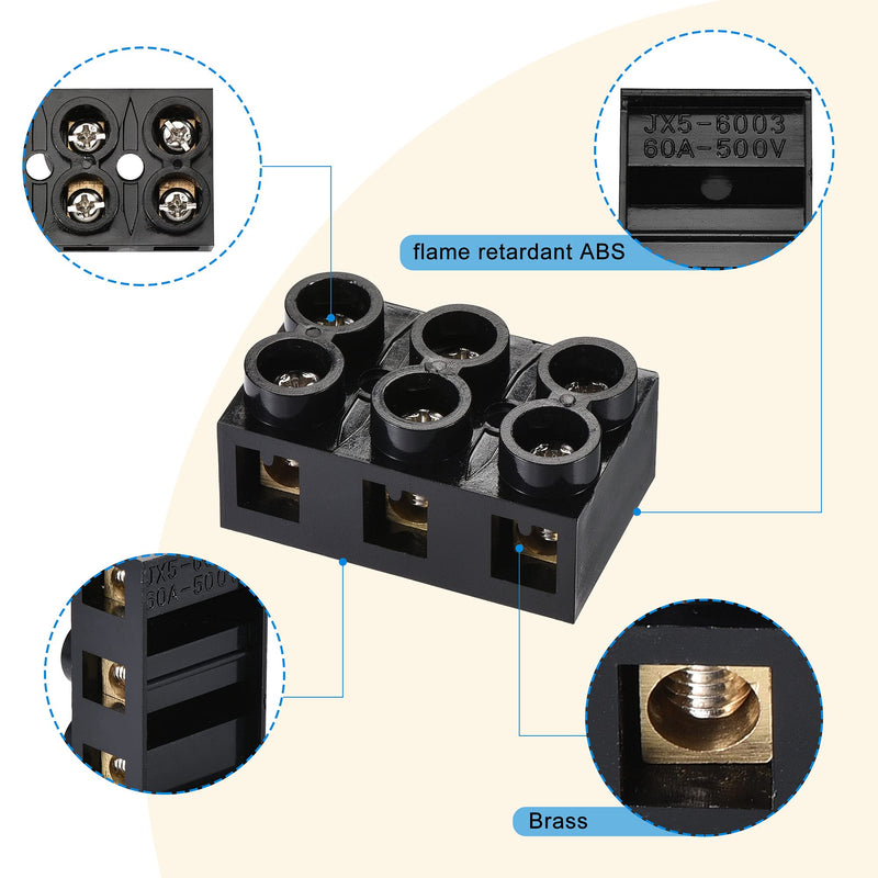 MECCANIXITY Terminal Block 500V 60A Dual Row 3 Positions Screw Electric Barrier Strip