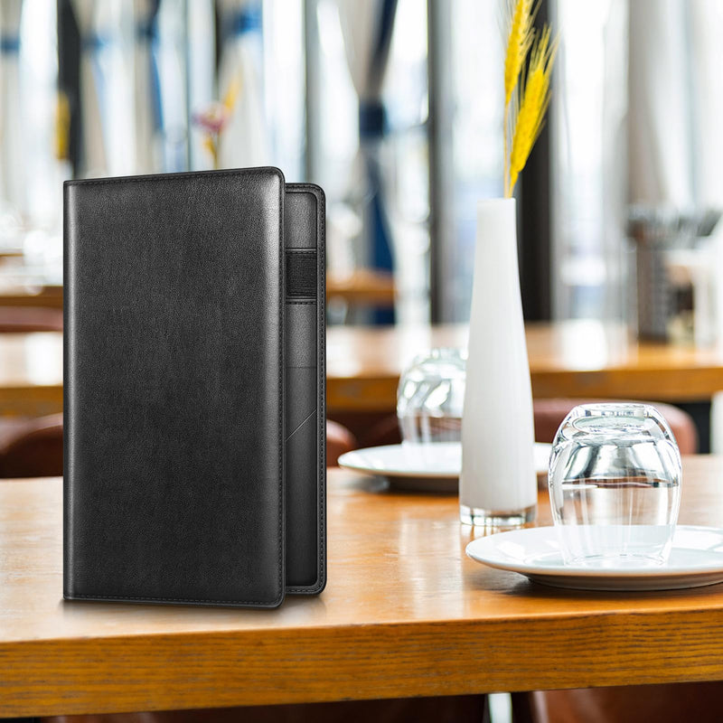 Fintie Server Book Organizer with Zipper Pocket, PU Leather Restaurant Guest Check Presenters Card Holder for Waitress, Waiter, Bartender (Black) Black