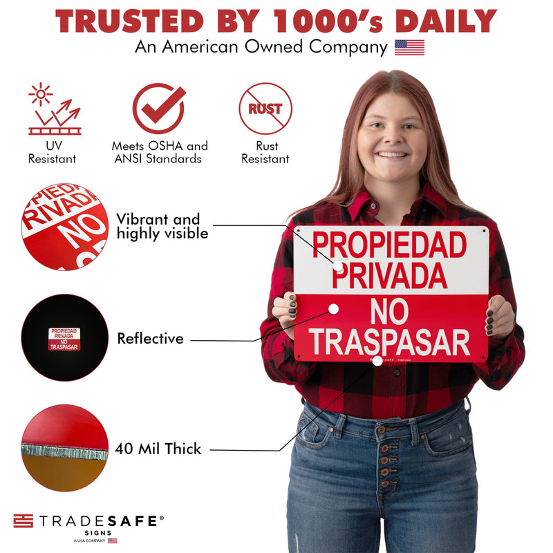TRADESAFE Private Property No Trespassing Sign - Propiedad Privada No Traspasar Spanish Sign, Quick Install, Light Reflective, UV-Resistant, Waterproof, 14” X 10” Aluminum Safety Signs Propiedad Privada, No Traspasar