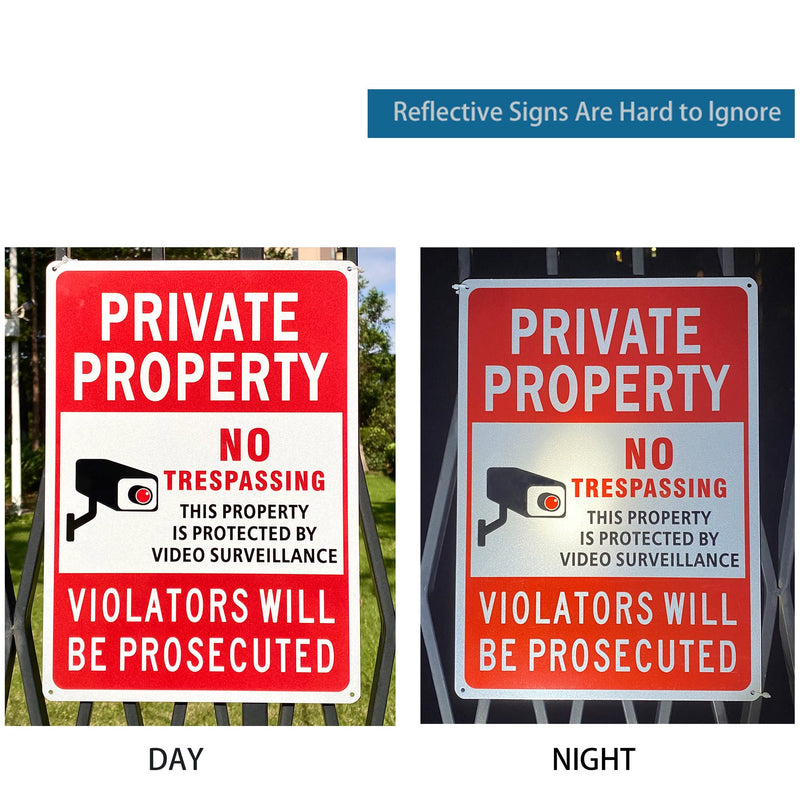 (2 Pack) Large No Trespassing Signs Private Property, Violators Will Be Prosecuted,14"x10".04" Aluminum Reflective Metal Sign,Weather Resistant, Waterproof, Durable Ink, Easy to Mount Red